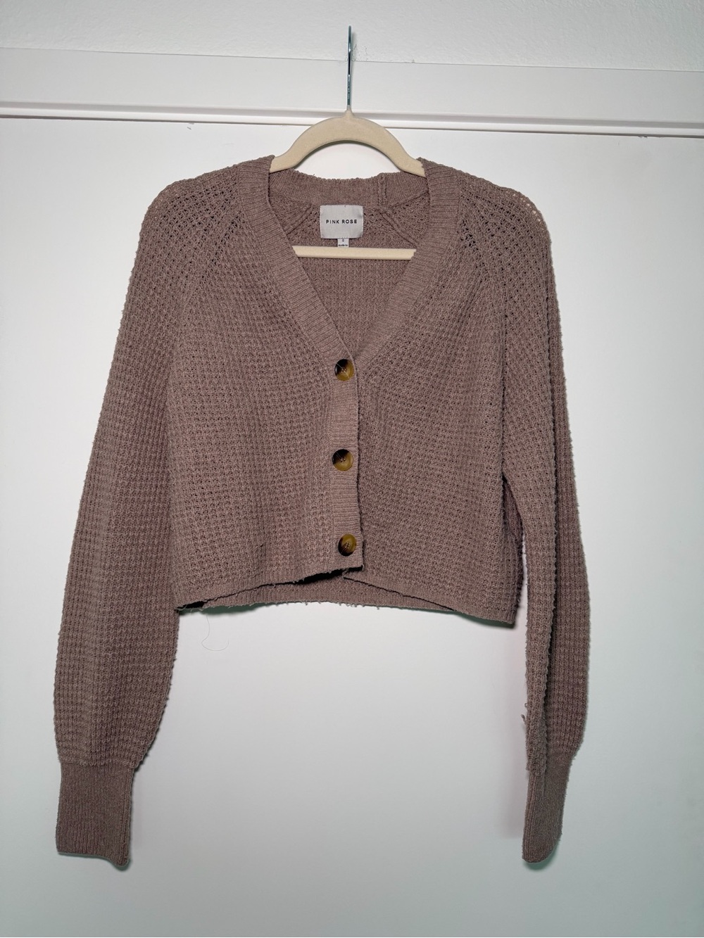 Pink Rose Cropped Waffle Knit Cardigan - Taupe